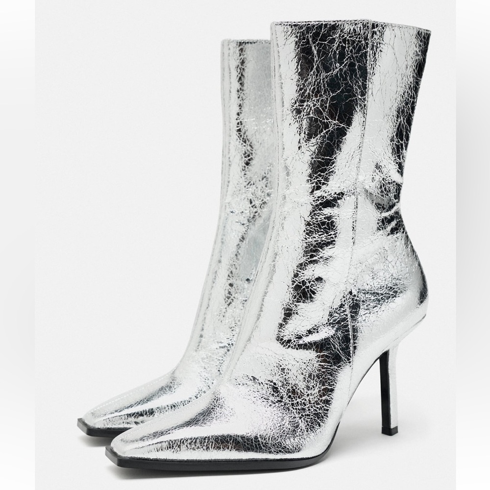 ZARA SILVER METALLIC HEELED ANKLE BOOTS